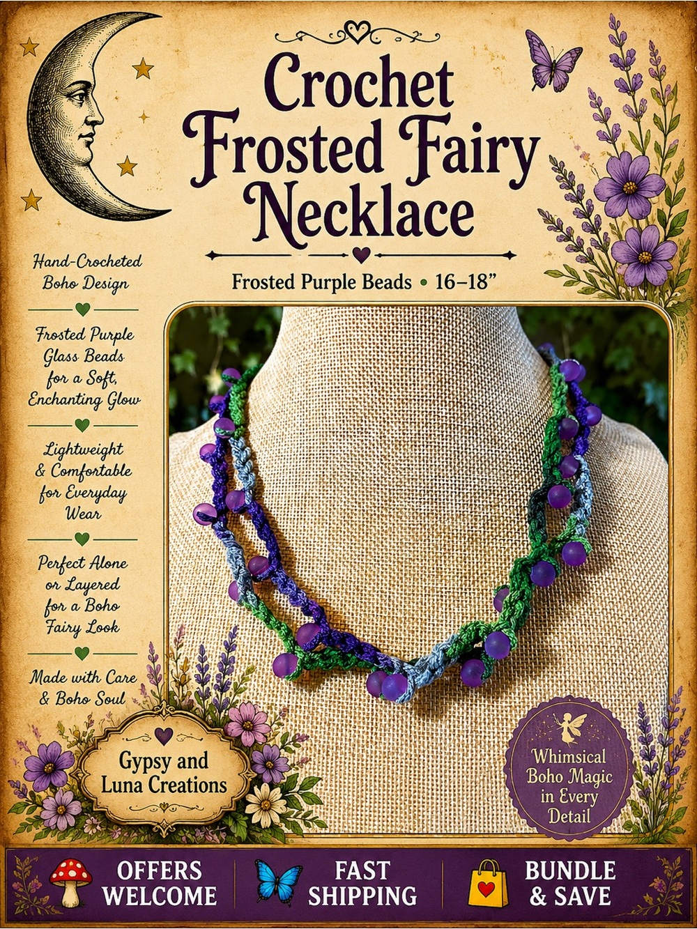 Handmade Crochet Necklace Frosted Purple Beads Boho Fairy Inspired 16 18”